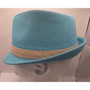 Teal Blue Woven‎ Fedora Hat With Tan Band Adult
